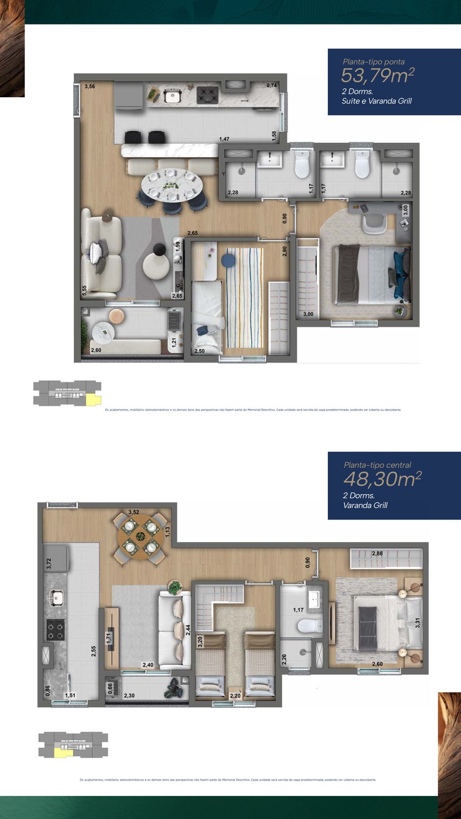 Planta-tipo de 53,79 m² e 48,30 m² do Alta Florada