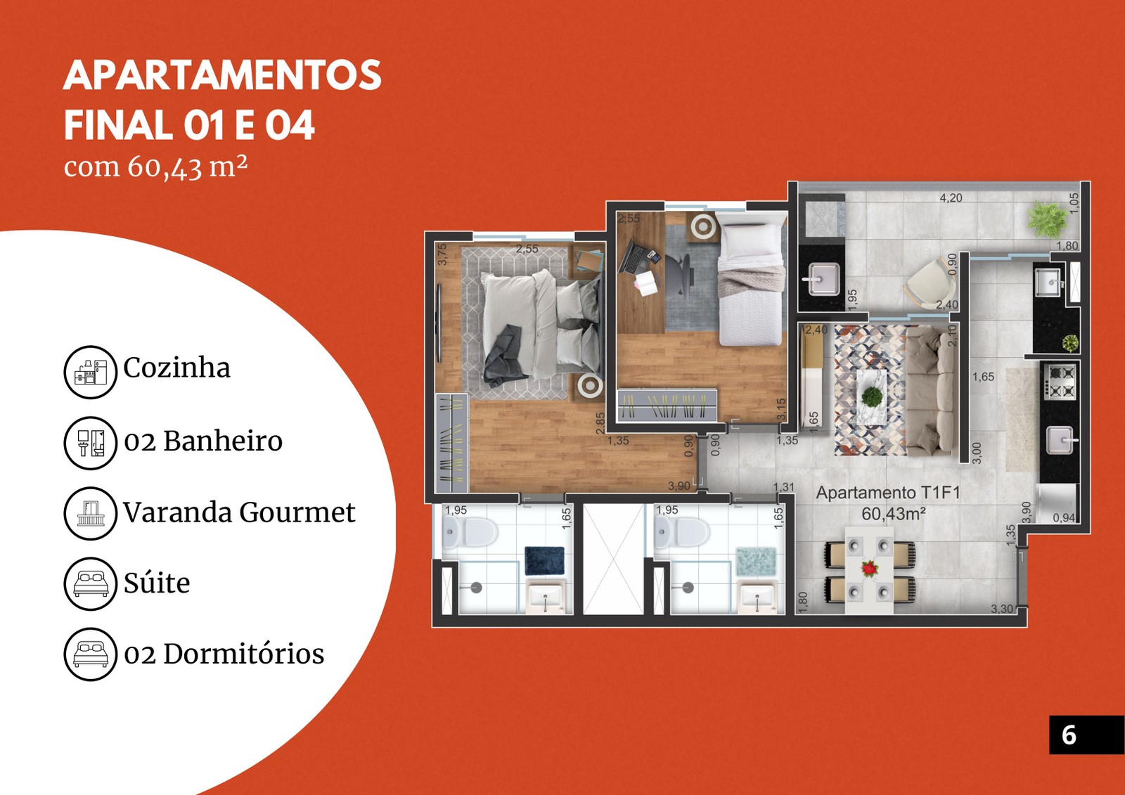 Planta do apartamento final 01 e 04 de 60,43 m² do Atlanta Residencial