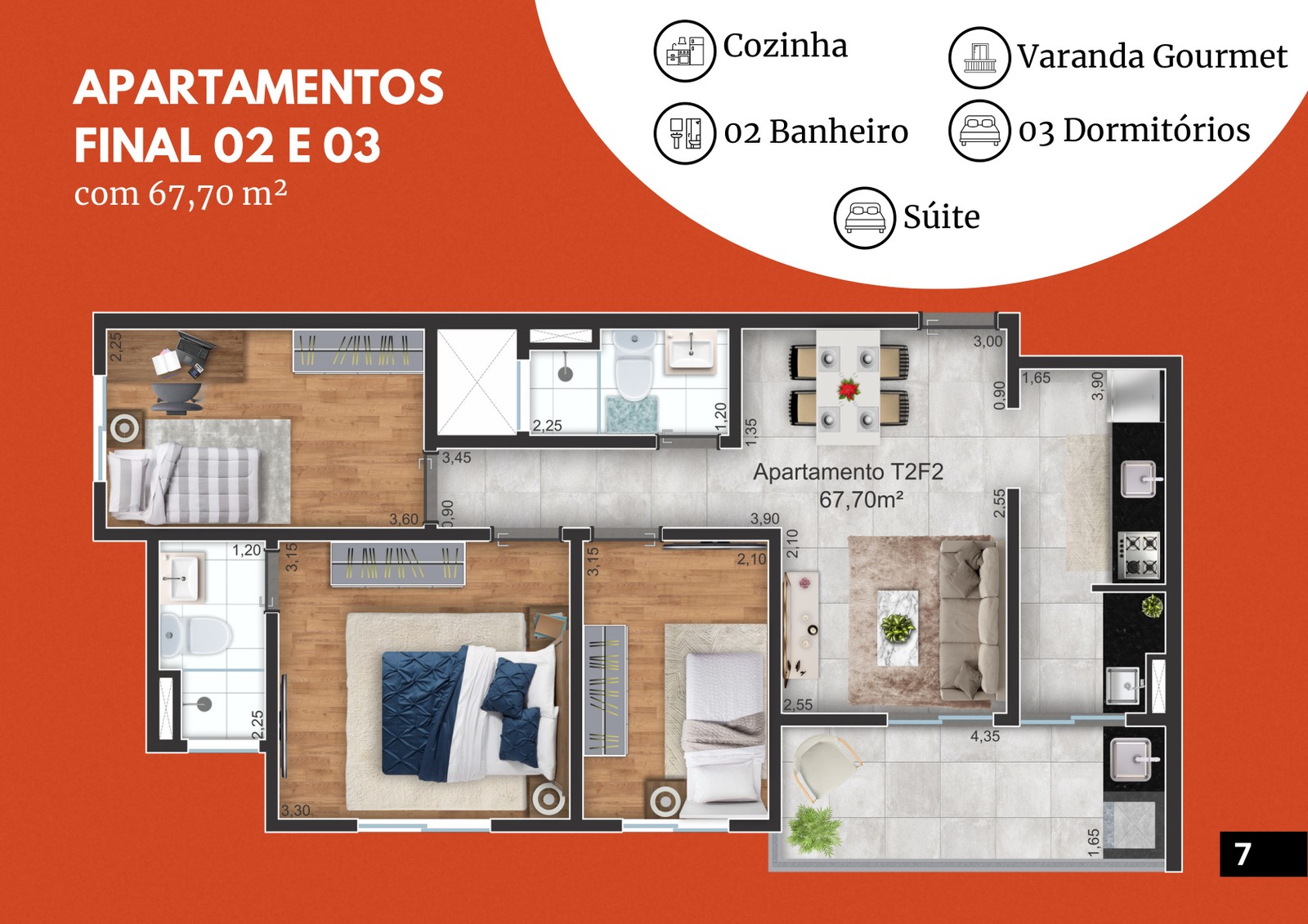 Planta do apartamento final 02 e 03 de 67,70 m² do Atlanta Residencial