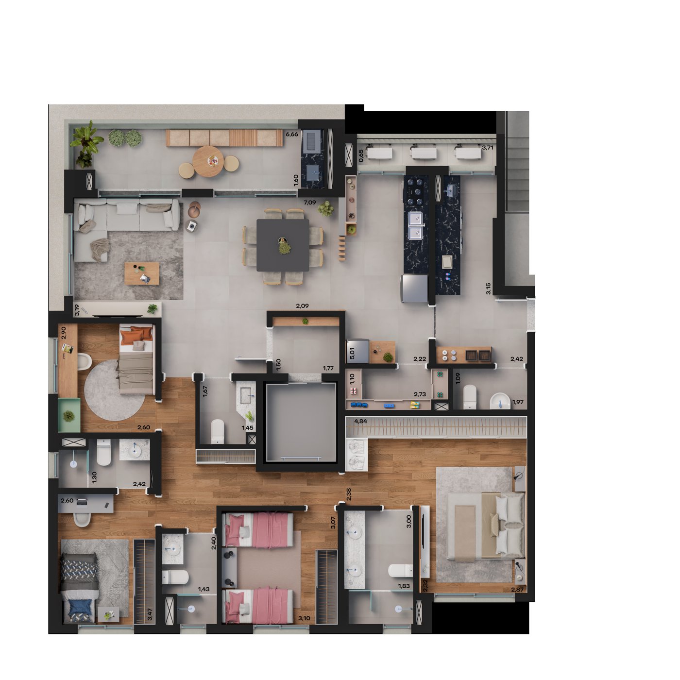 Planta ilustrada do apartamento de 161m², 4 dormitórios sendo 2 suítes, do Boa Vista Residence, Torre F