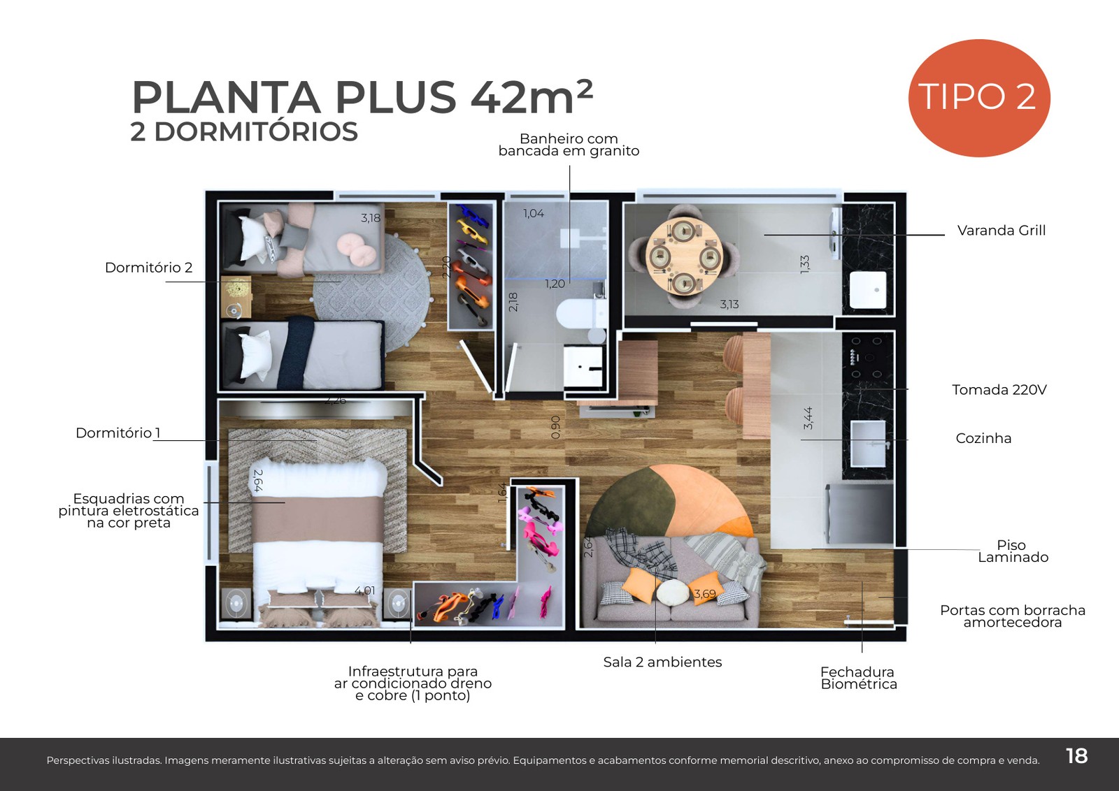 Planta plus de 42 m² com 2 dormitórios do ConnectSaira
