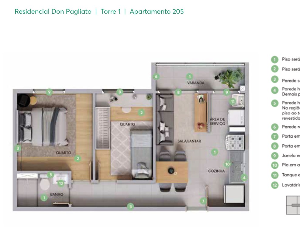Planta do apartamento tipo com varanda do Residencial Don Pagliato
