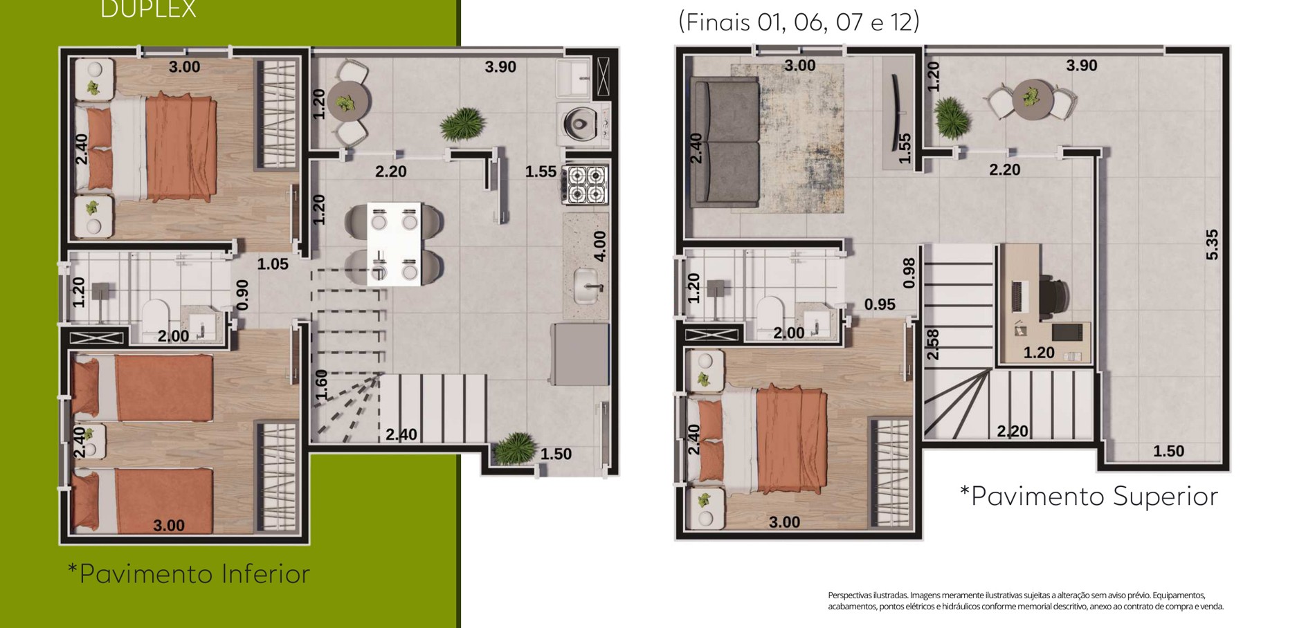 Planta do apartamento duplex Tipo E do Green Life Residence, pavimento inferior e superior