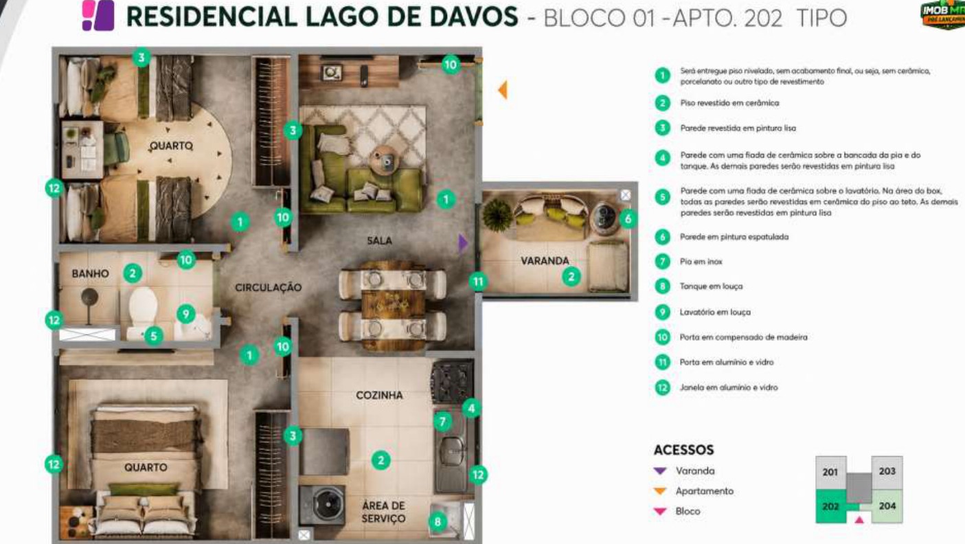 Planta tipo com varanda de 44,71 m² do Residencial Lago de Davos