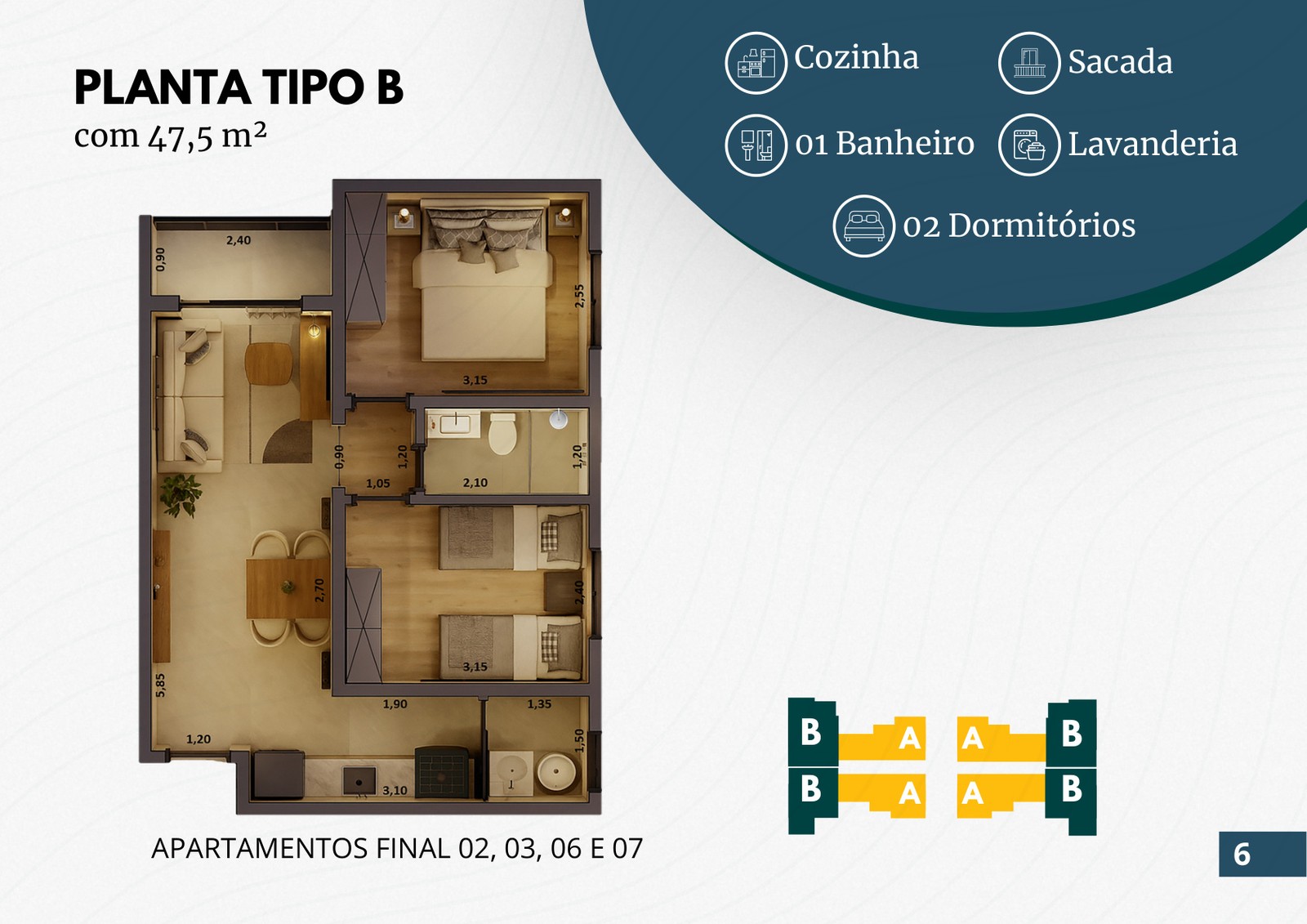 Planta tipo B de 47,5 m² do Oregon Residencial