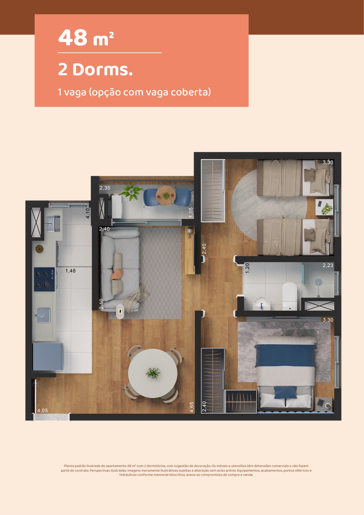Planta ilustrada do apartamento de 48m², 2 dormitórios, do Parque Lobato