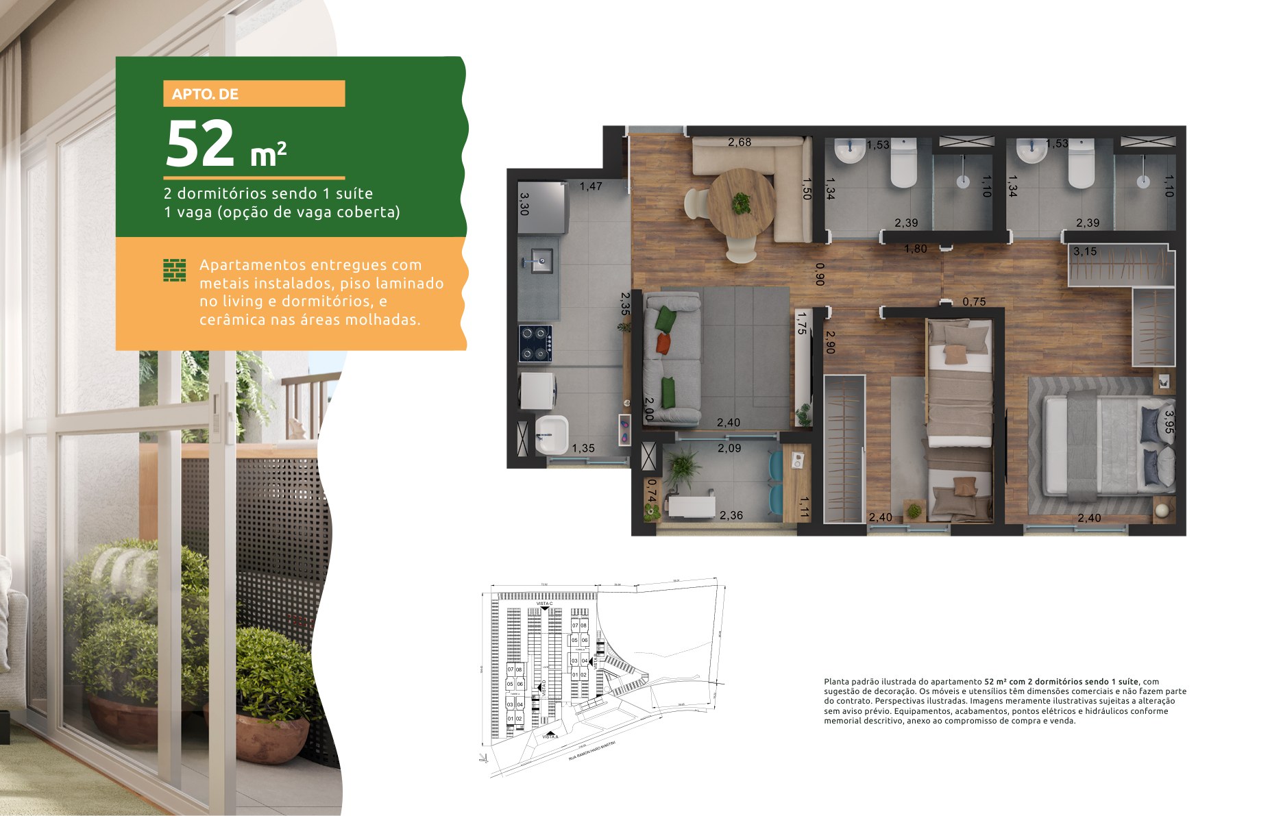 Planta ilustrada do apartamento de 52m², 2 dormitórios sendo 1 suíte, do Parque Verano