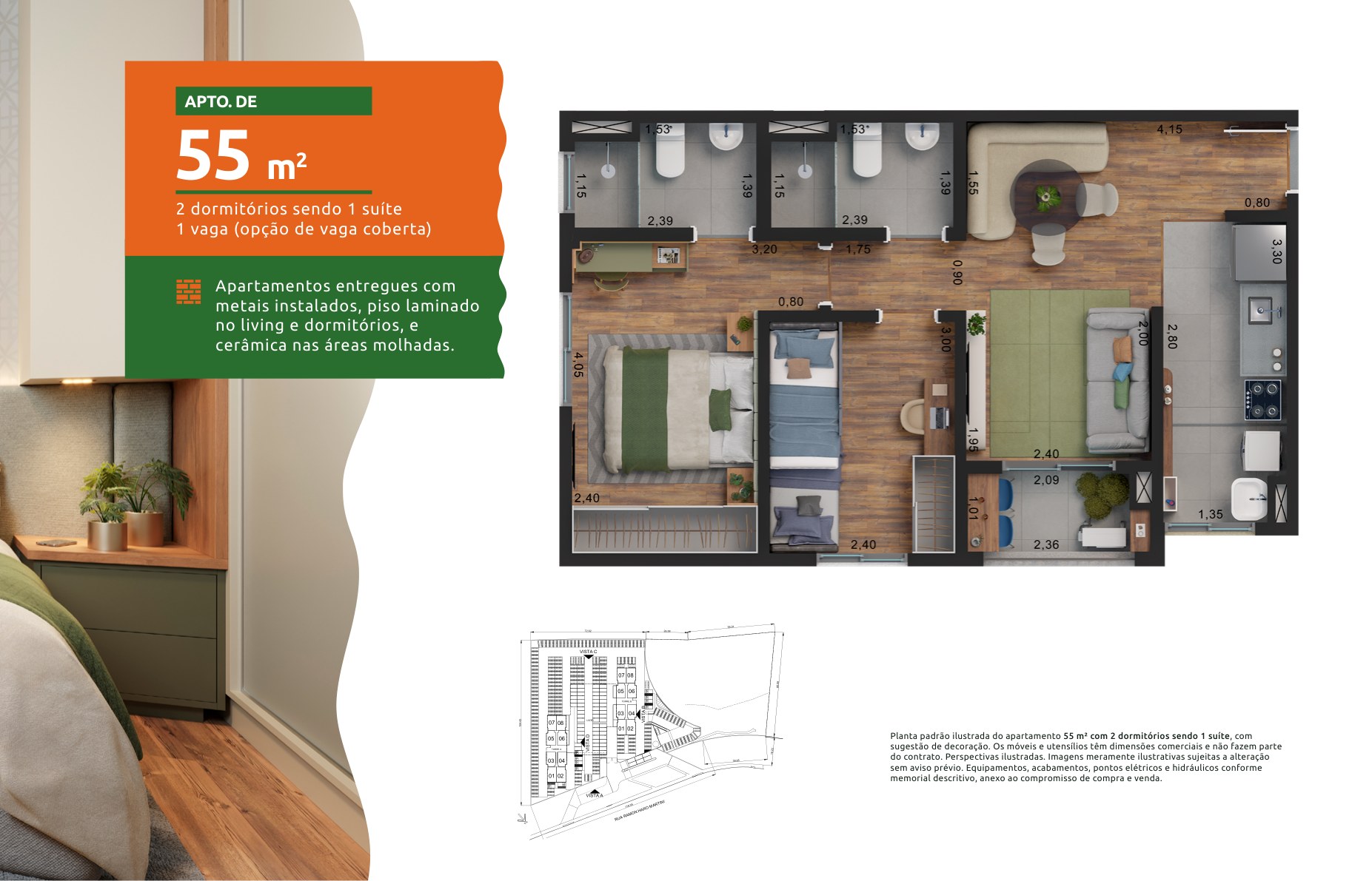 Planta ilustrada do apartamento de 55m², 2 dormitórios sendo 1 suíte, do Parque Verano