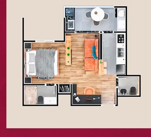 Planta do apartamento de 39 m² do Reserva Carvalho