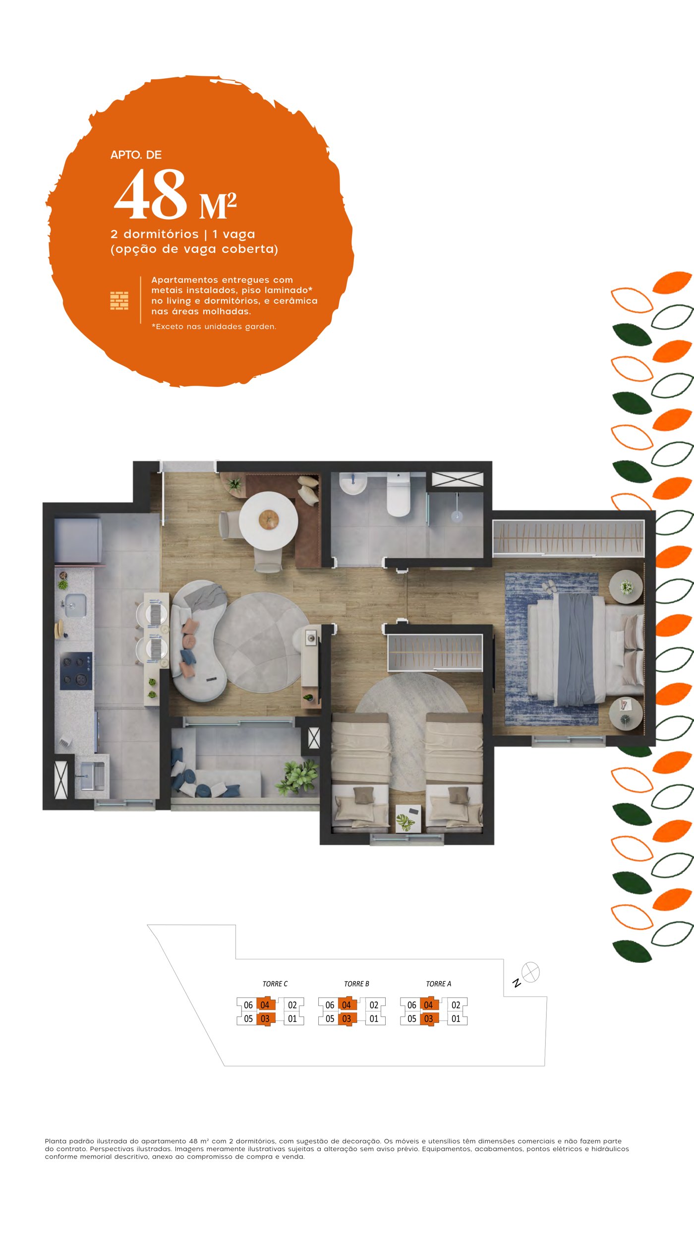 Planta ilustrada do apartamento de 48m², 2 dormitórios, do Reserva Lobato