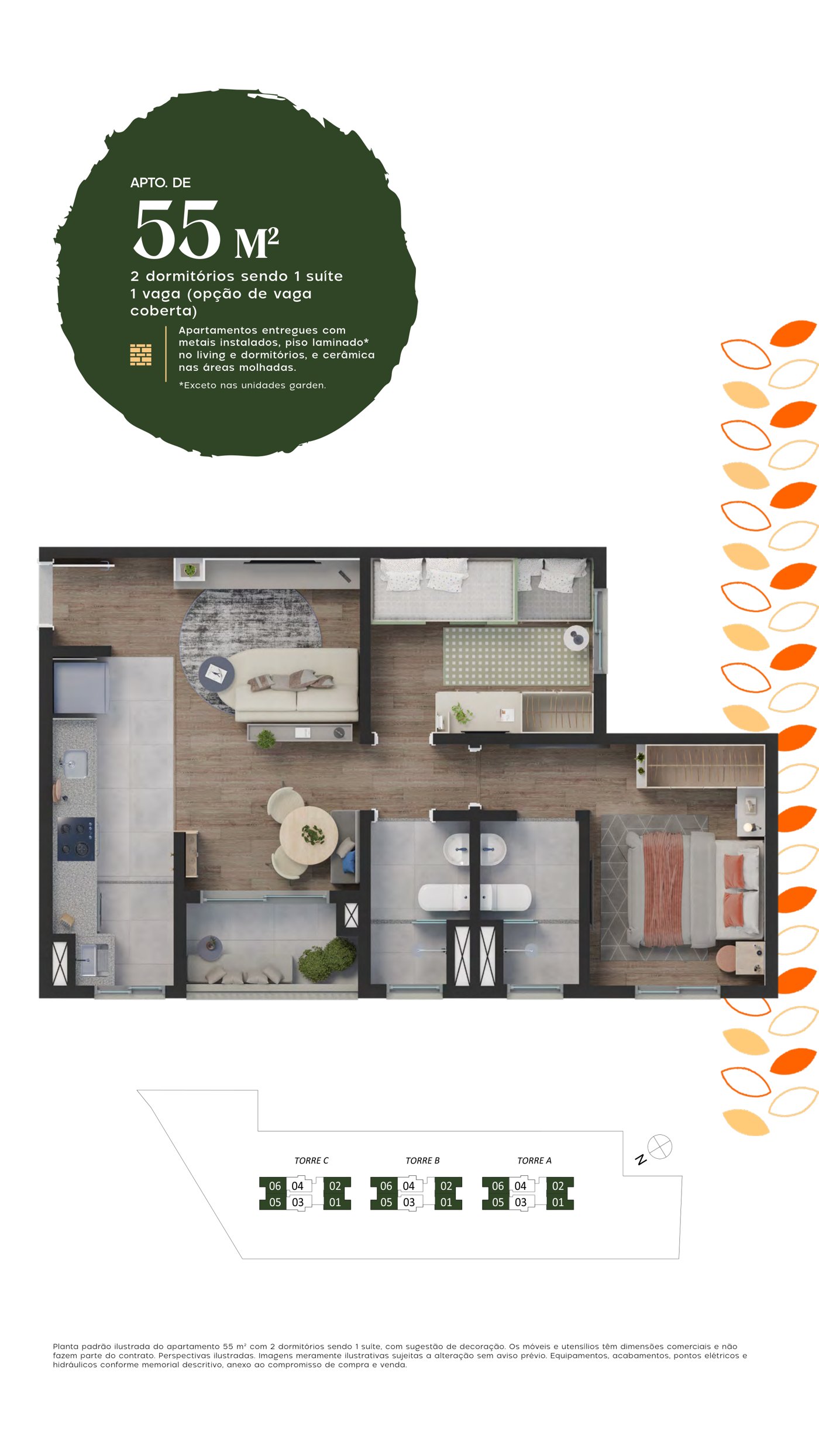 Planta ilustrada do apartamento de 55m², 2 dormitórios sendo 1 suíte, do Reserva Lobato