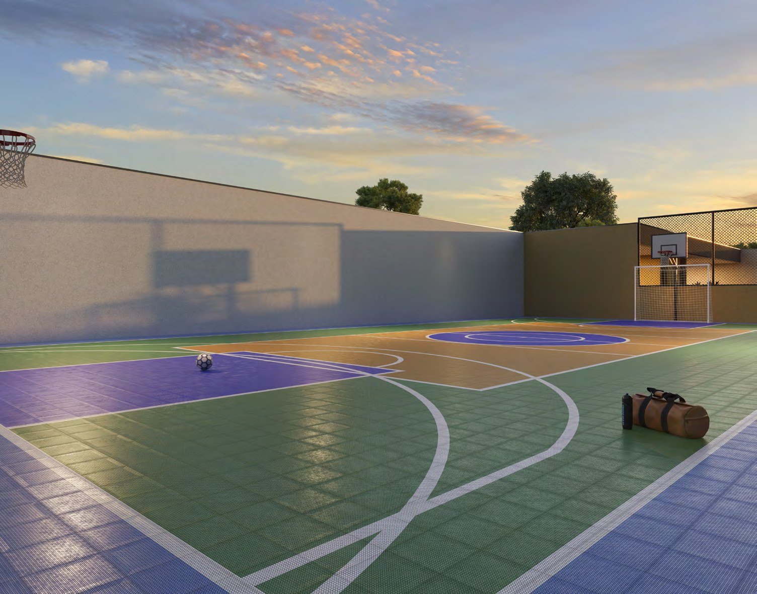 Quadra recreativa do Reserva Lobato ao entardecer