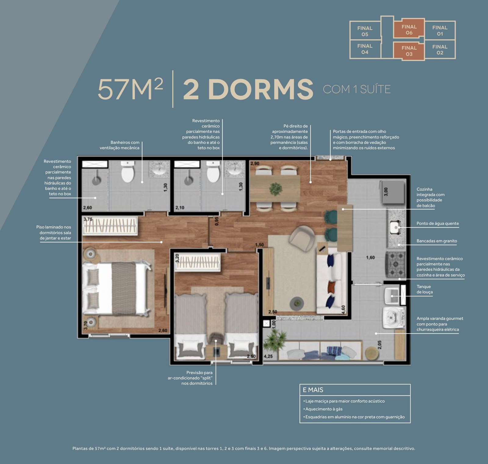 Planta do apartamento de 57 m² do Rizz Campolim