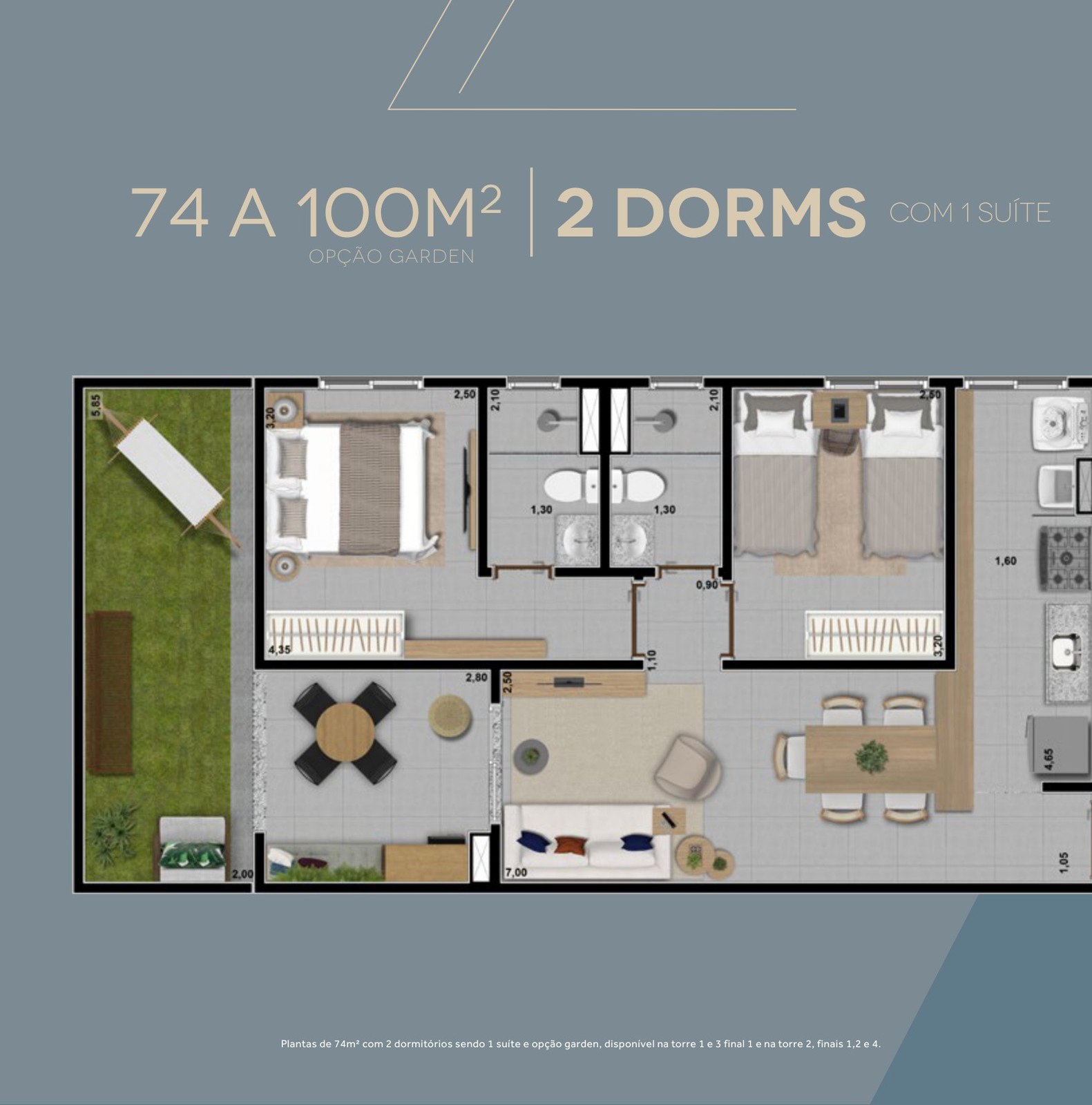 Planta do apartamento garden de 74 a 100 m² do Rizz Campolim