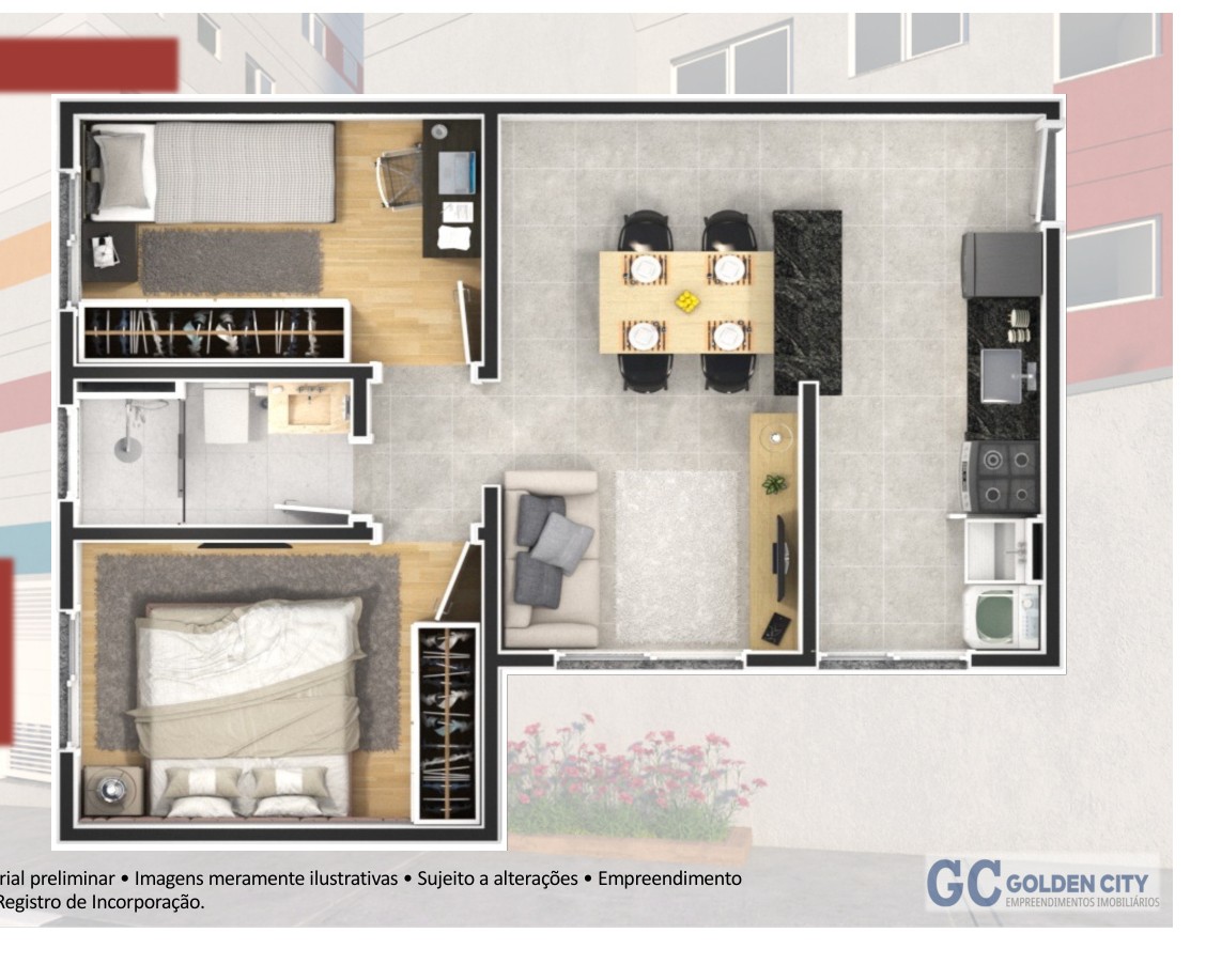 Planta de 44,40 m² do Residencial Santa Mônica