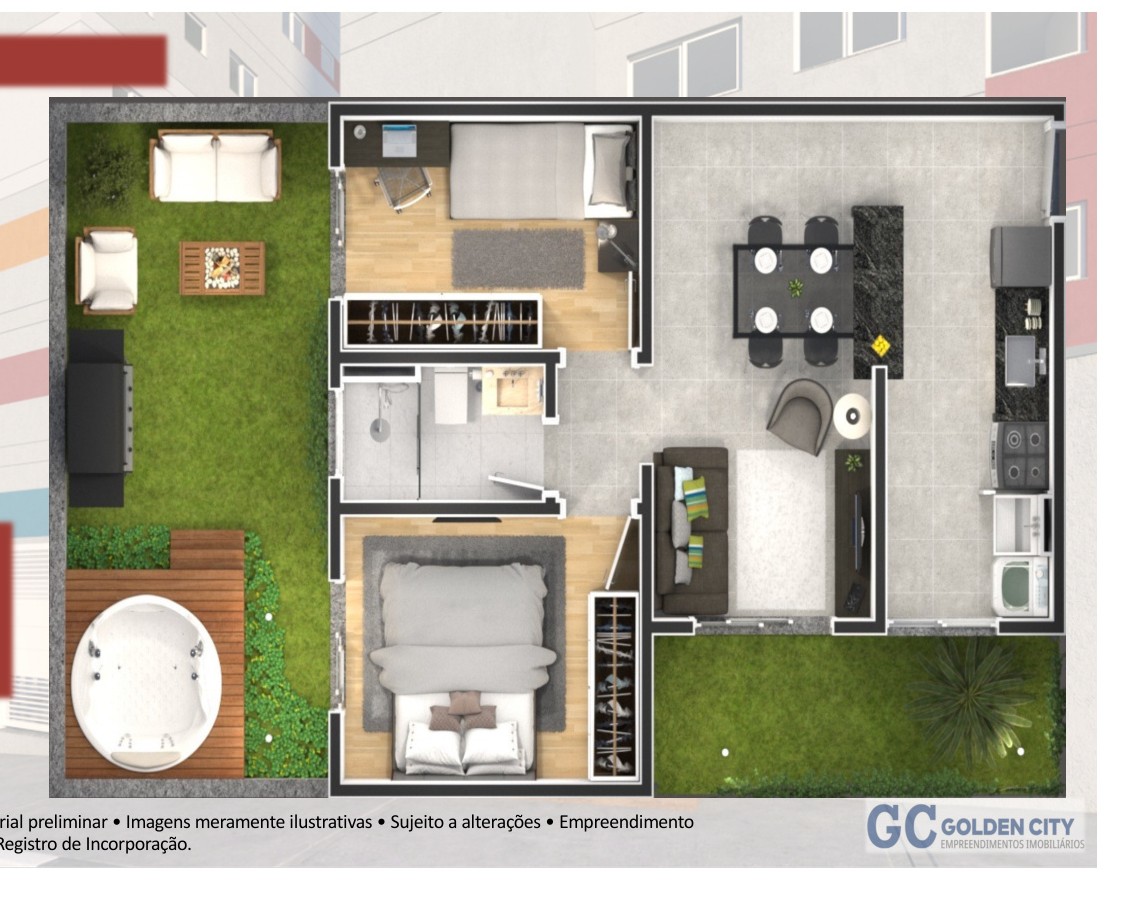 Planta de 68,35 m² com acesso ao Garden do Residencial Santa Mônica