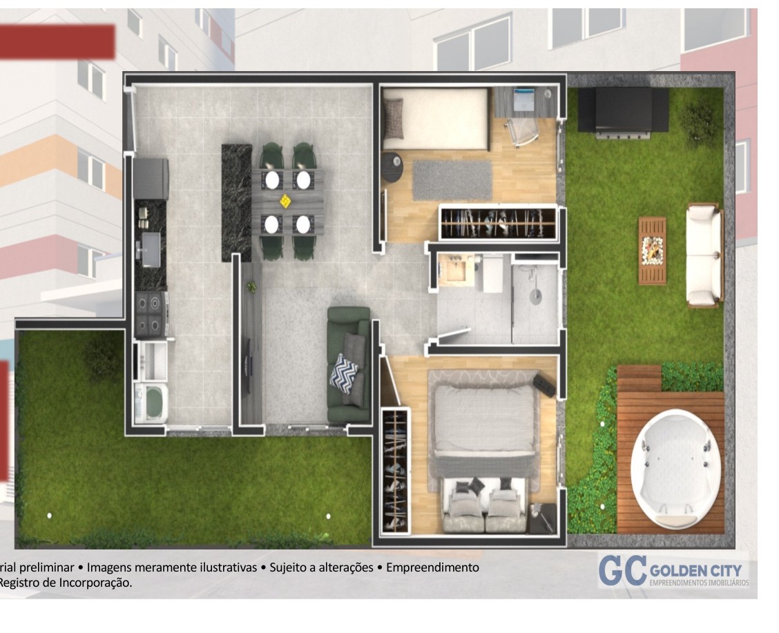 Planta de 75,13 m² com acesso ao Garden do Residencial Santa Mônica