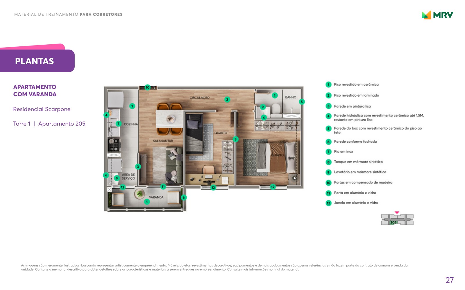 Planta do apartamento de 43,76m² com varanda do Residencial Scarpone, apartamento 205