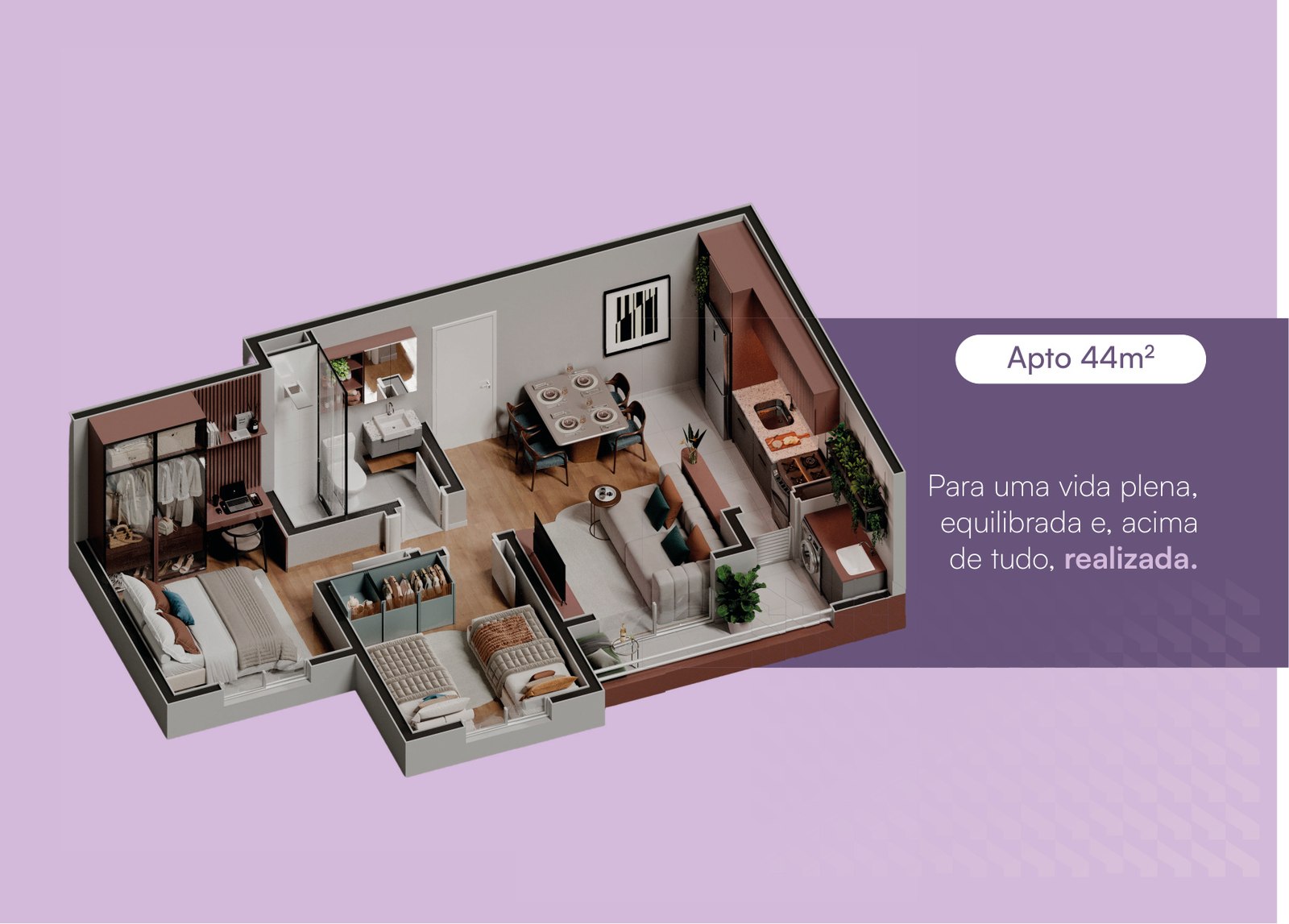 Planta humanizada do apartamento de 44 m² do Souviver Sorocaba