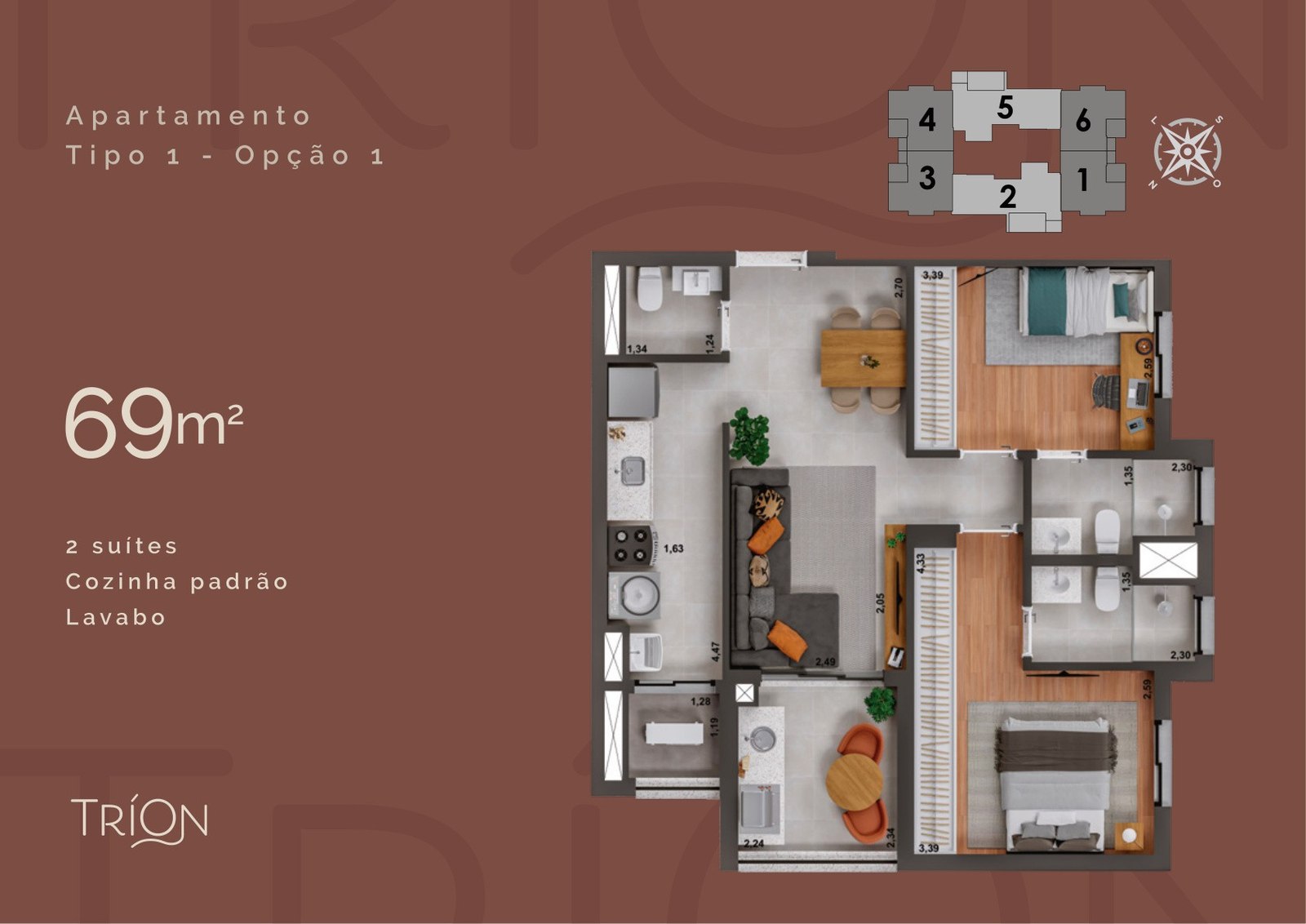Planta do apartamento de 69 m² do Tríon