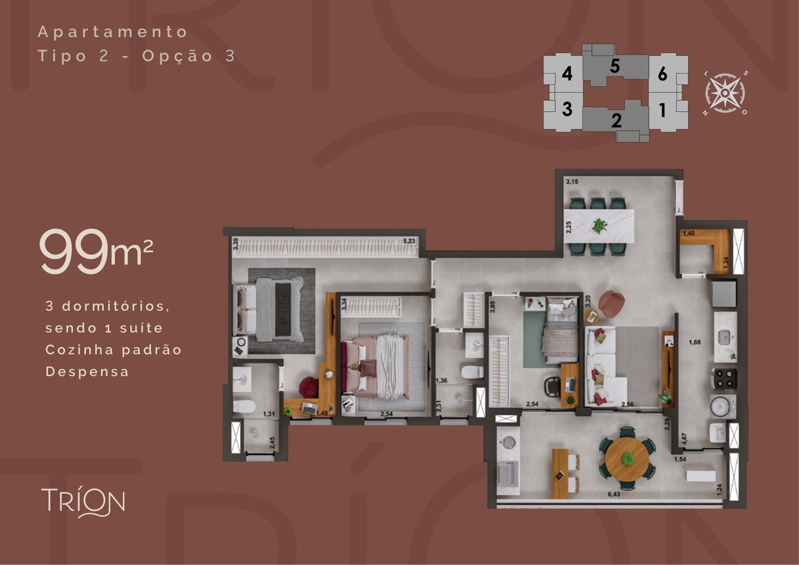 Planta do apartamento de 99,92 m² do Tríon