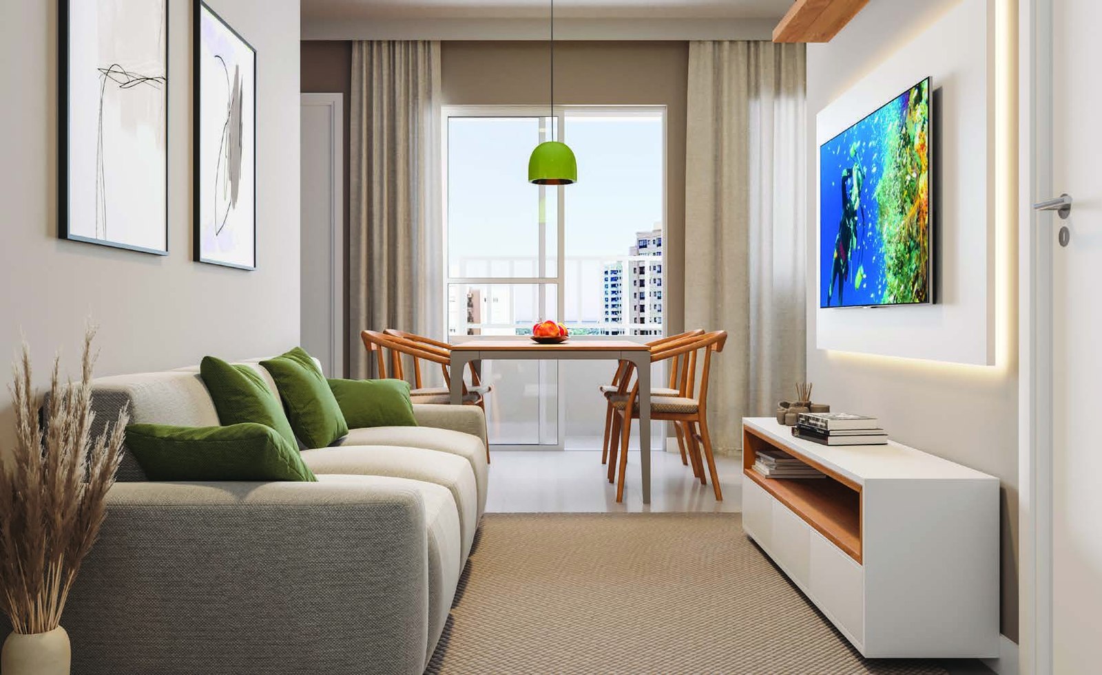 Living do apartamento decorado do Vale Verde Arena