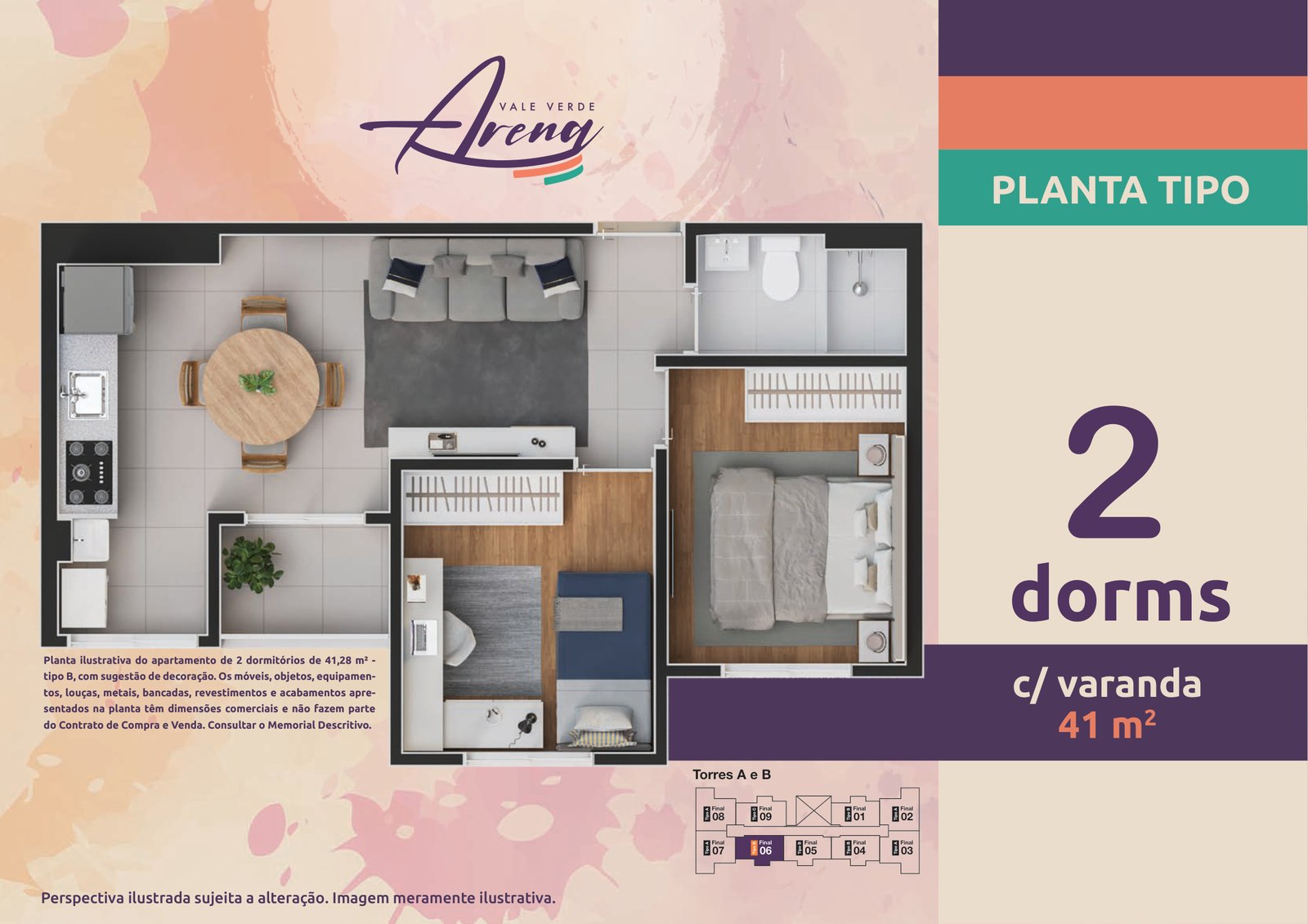 Planta do apartamento tipo B de 41,28 m² do Vale Verde Arena
