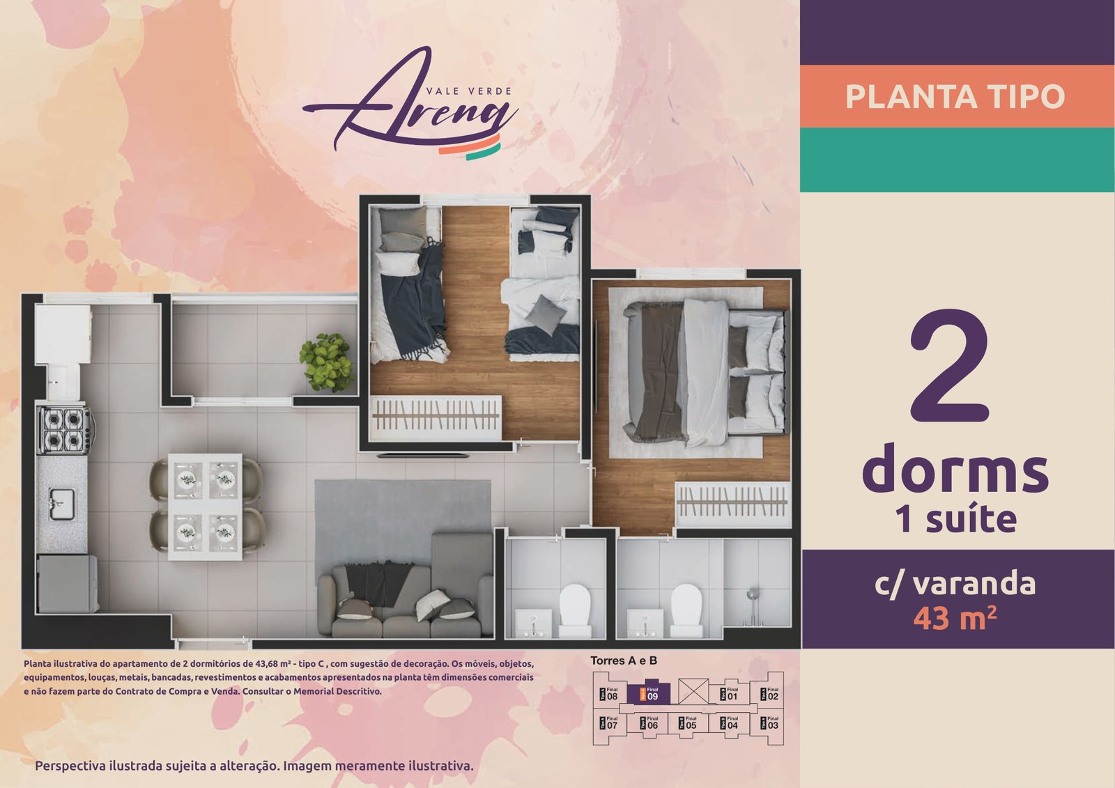 Planta do apartamento tipo C de 43,68 m² do Vale Verde Arena