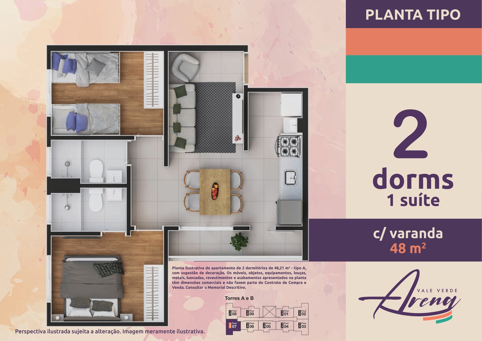 Planta do apartamento tipo A de 48,21 m² do Vale Verde Arena