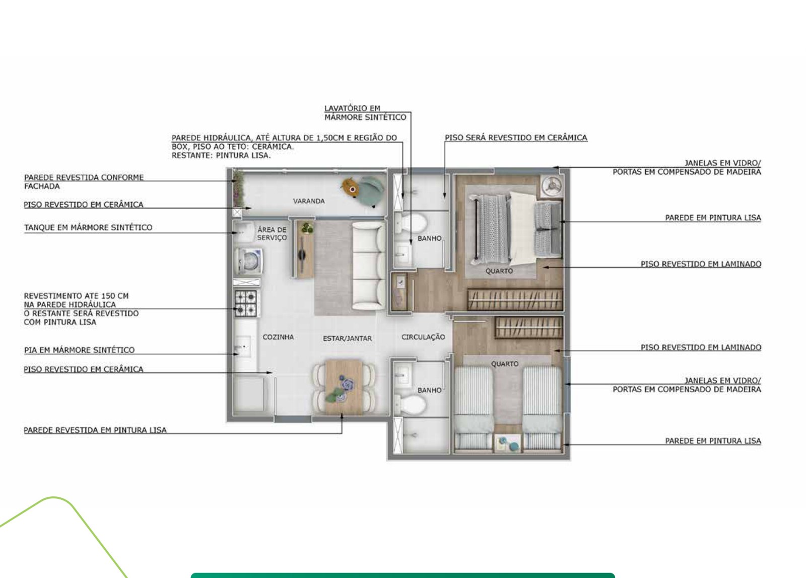 Planta do apartamento de 44,17m² com varanda do Residencial Veredas