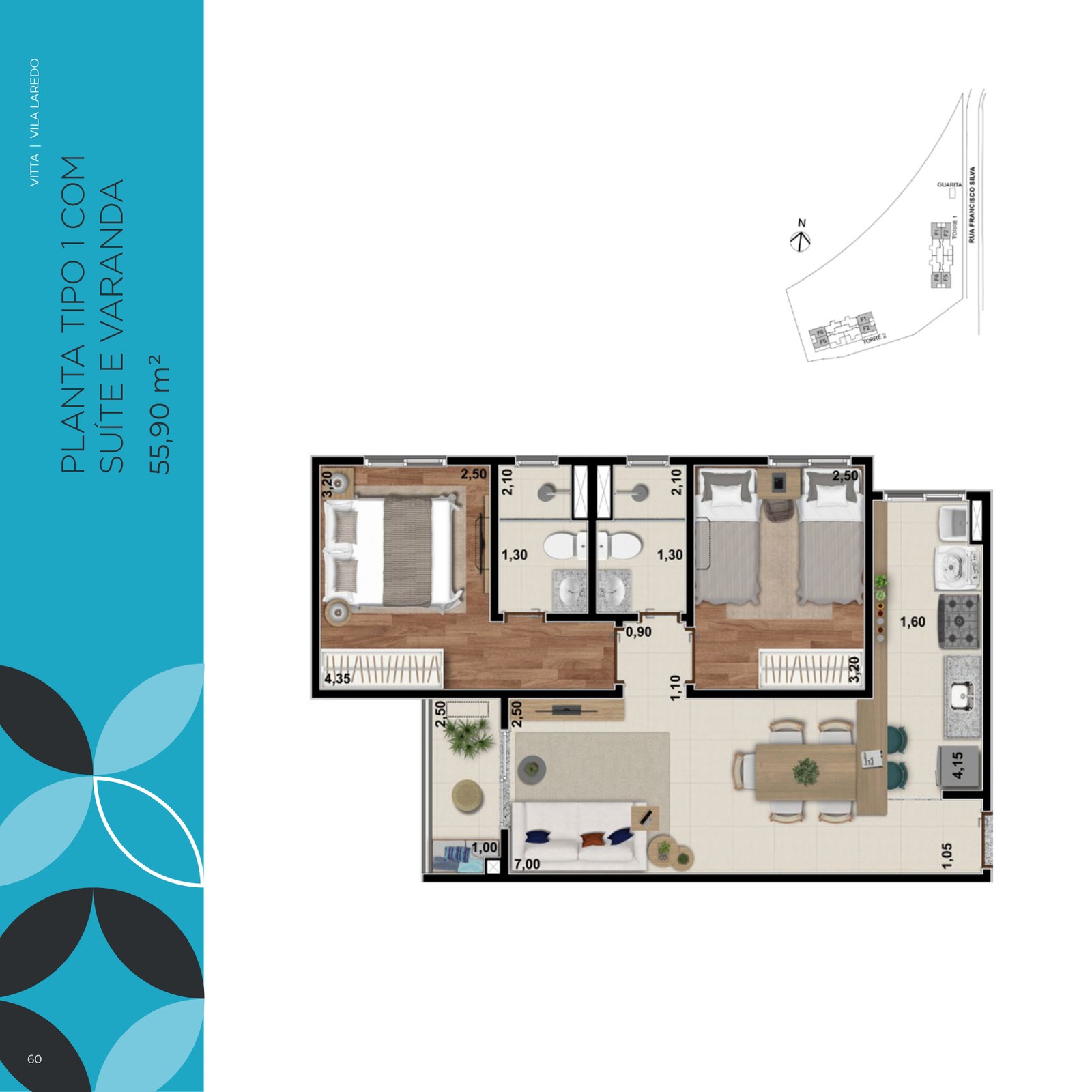 Planta do apartamento tipo 1 de 55,90 m² do Vila Laredo