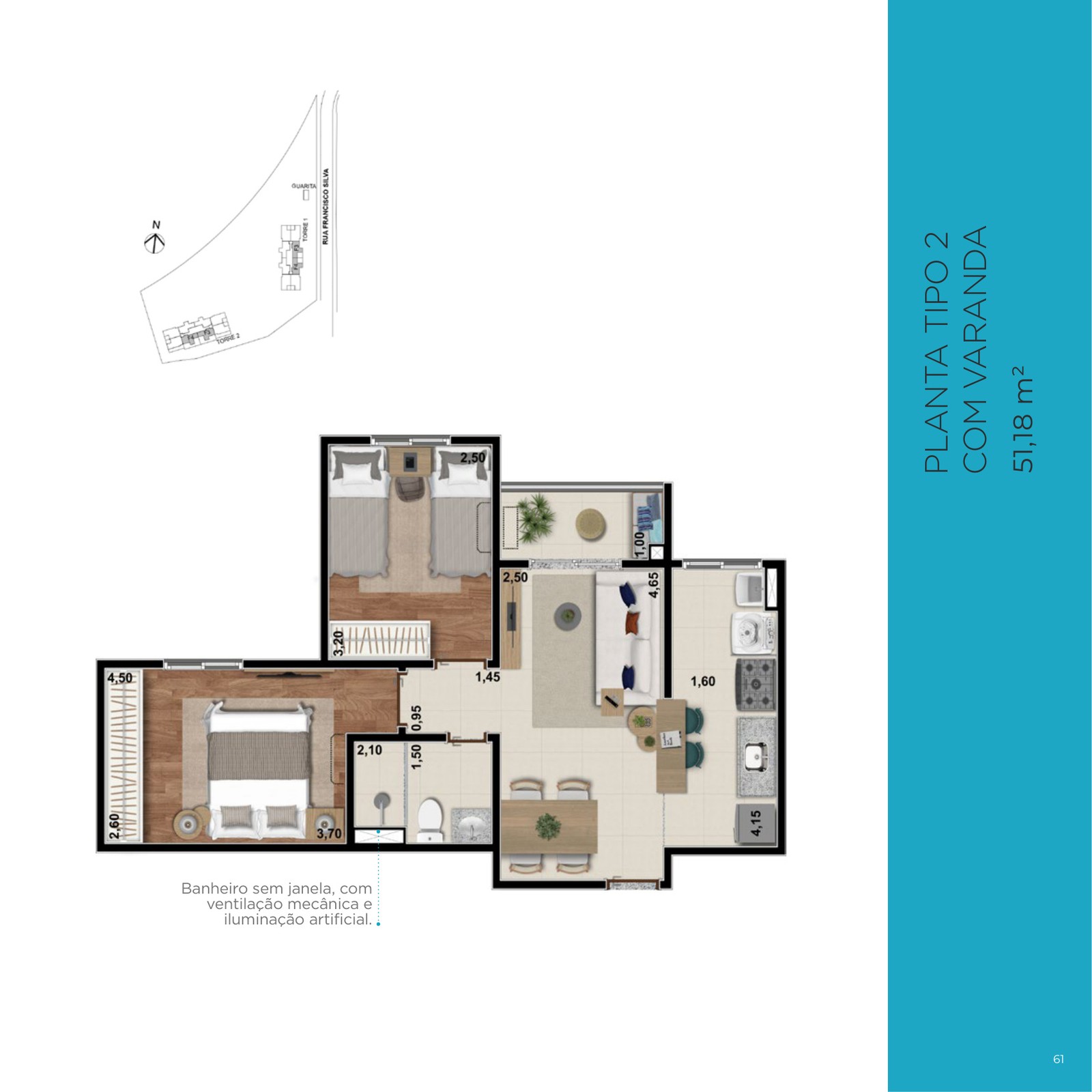 Planta do apartamento tipo 2 de 51,18 m² do Vila Laredo