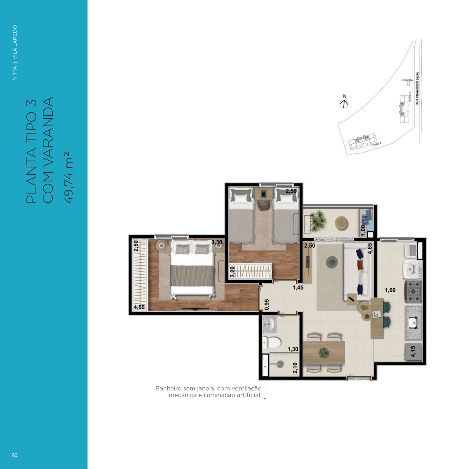 Planta do apartamento tipo 3 de 49,74 m² do Vila Laredo