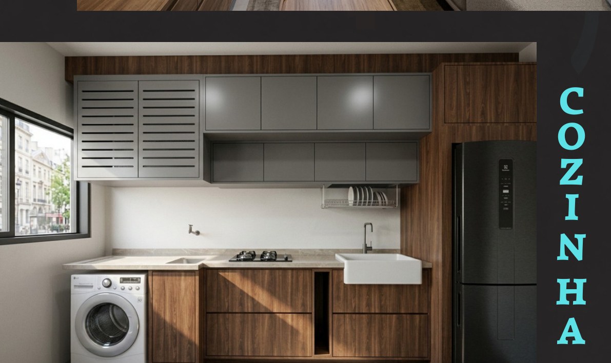 Cozinha e área de serviço do apartamento decorado do Villa Imperiale