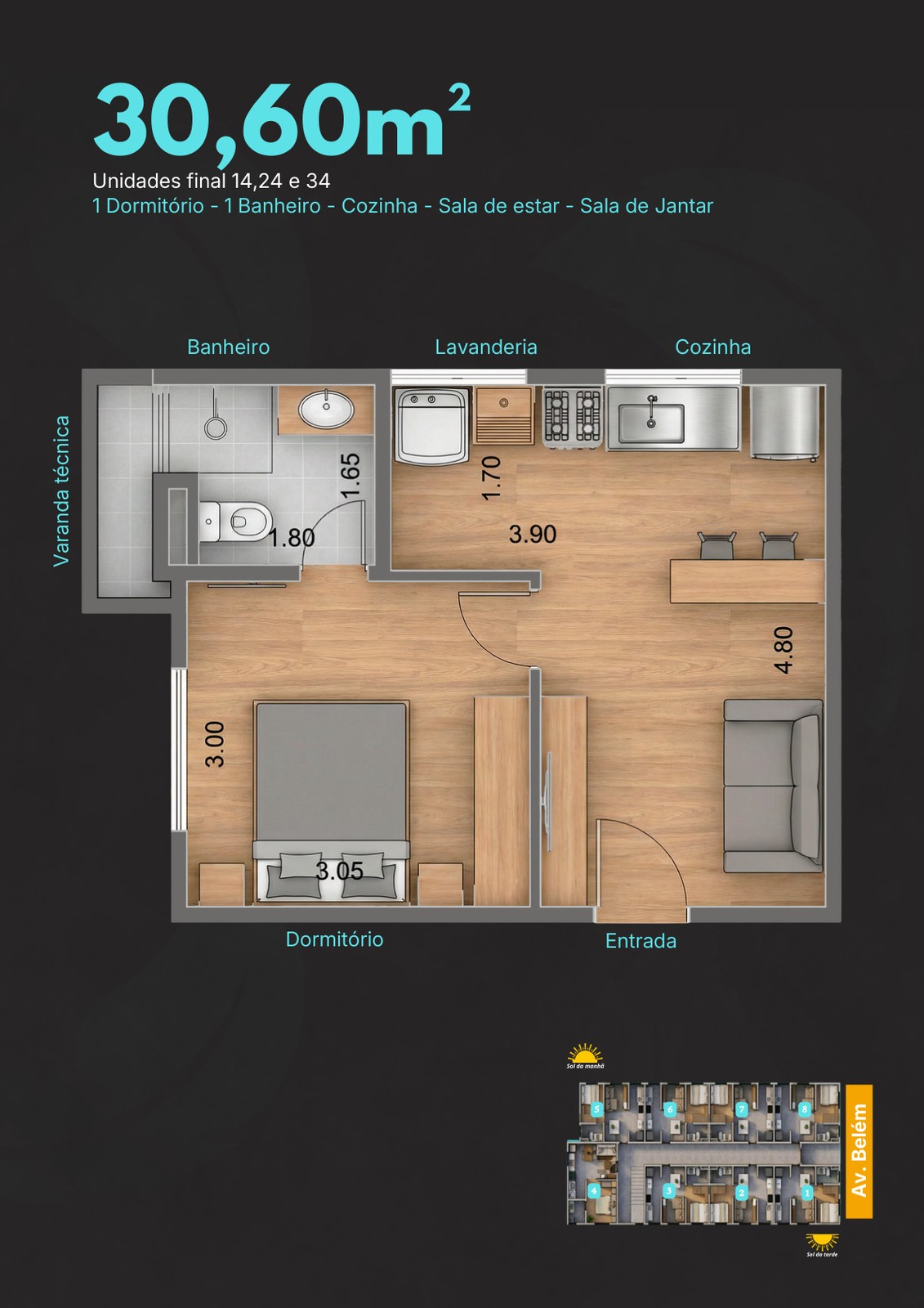 Planta do apartamento de 30,60 m² do Villa Imperiale