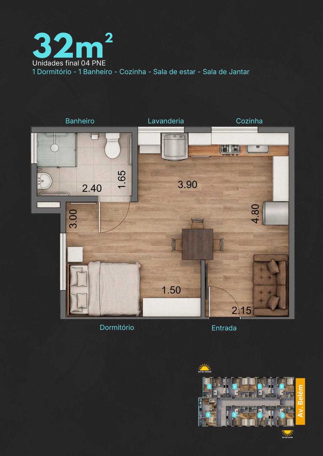Planta do apartamento adaptado PNE de 32 m² do Villa Imperiale
