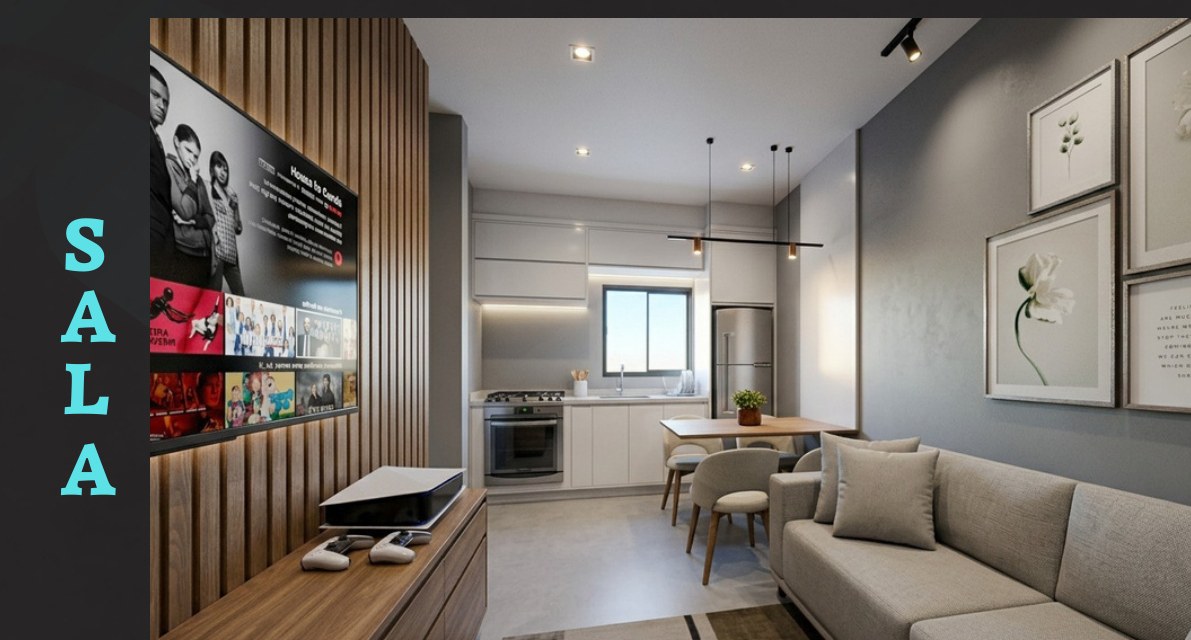 Sala de estar e cozinha integradas do apartamento decorado do Villa Imperiale