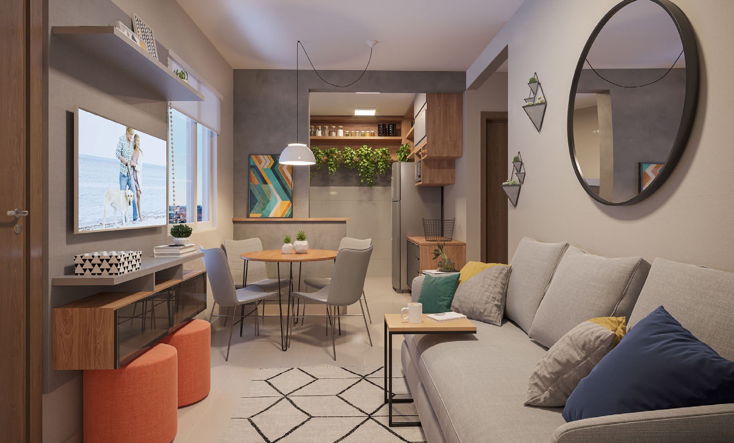 Living do apartamento decorado do Vitta Granate