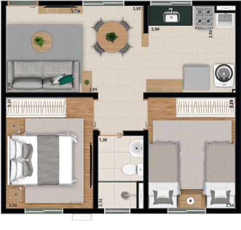 Planta do apartamento tipo 01 de 41,97 m² do Vitta Granate