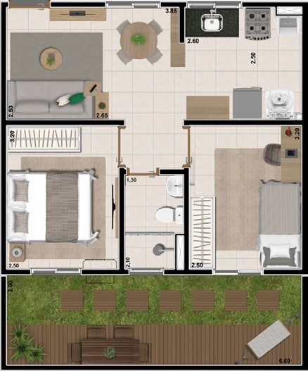 Planta do apartamento térreo tipo 01 com quintal privativo do Vitta Granate